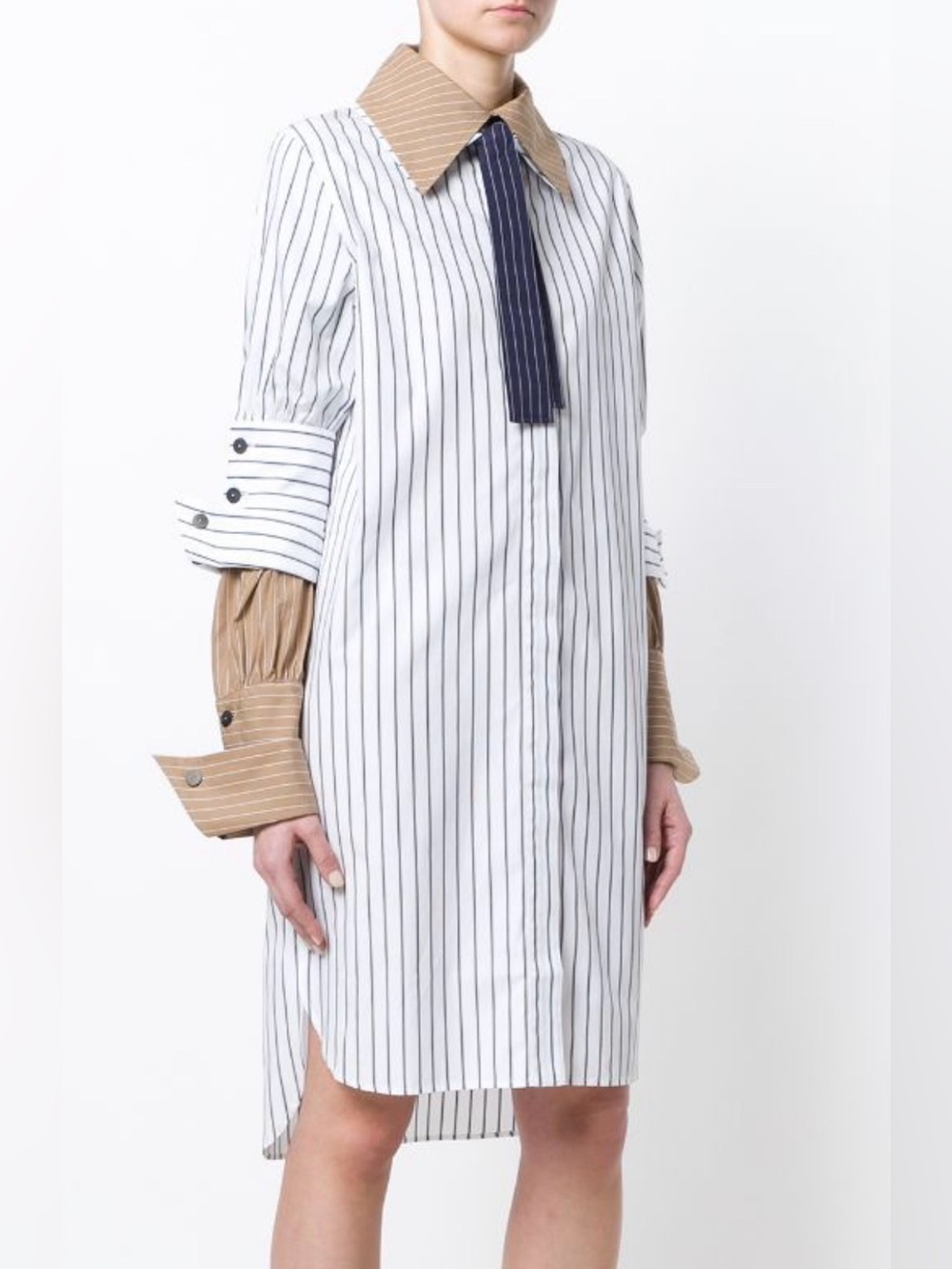 JW ANDERSON White Pinstripe Midi Dress with Tan Contrast Collar and Cuffs